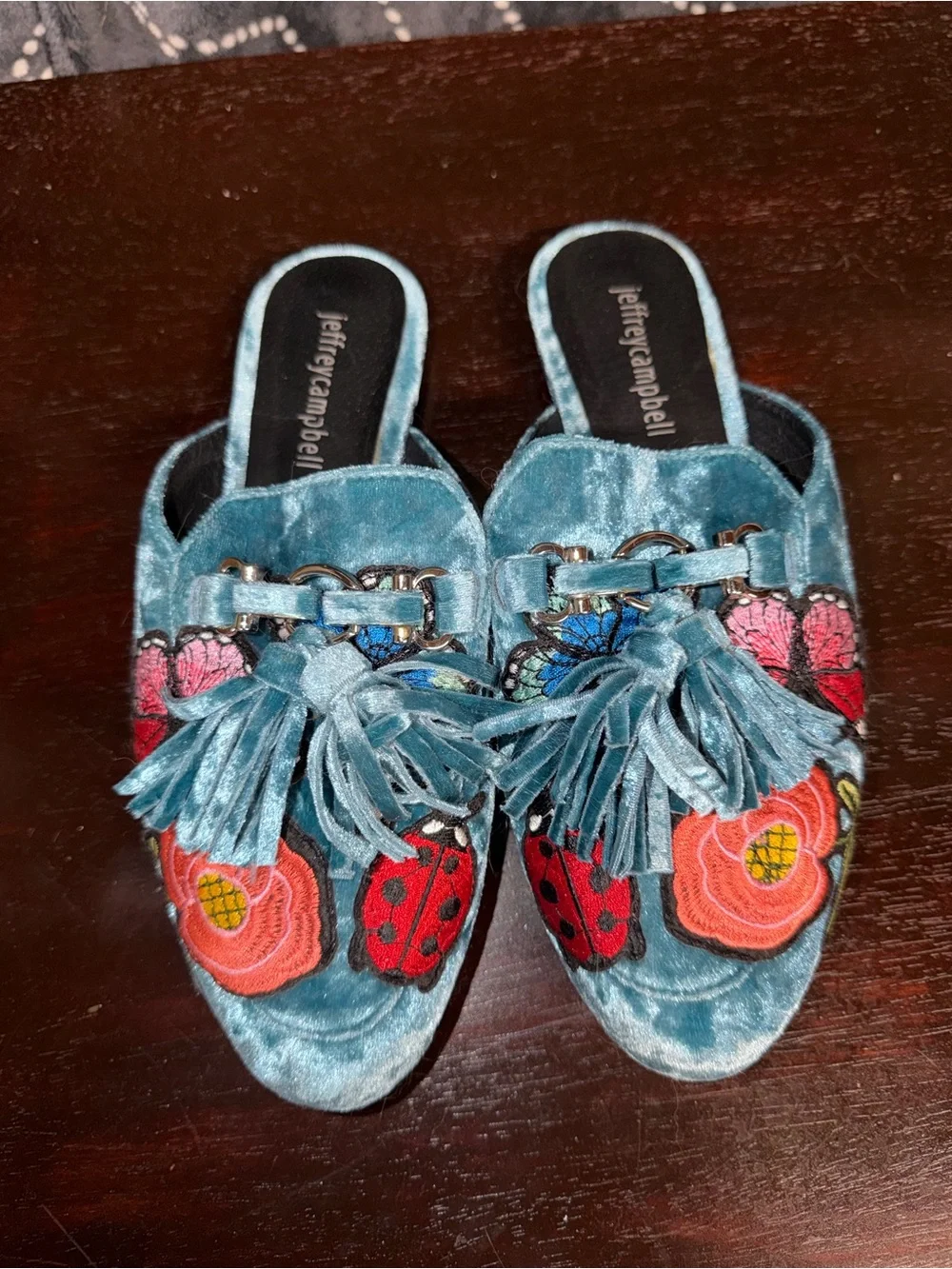 Jeffrey Campbell Velvet Mules Vibrant Floral, Butterfly, and Ladybug Embroidery - Picture 1 of 7